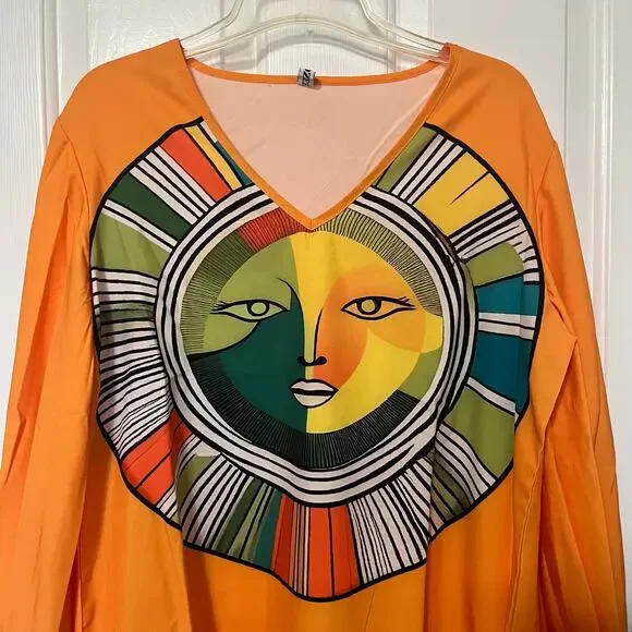 Uoozee Boho Abstract Artsy Sun Face Graphic Orange V Neck Balloon Sleeve Top - Picture 5 of 9